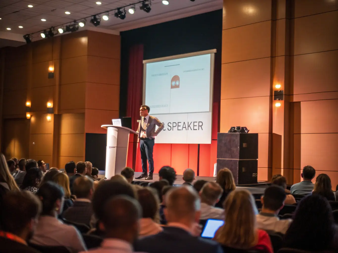 A photograph capturing the keynote speaker delivering an inspiring speech at the Industry Summit, with the audience listening attentively in a large conference hall.