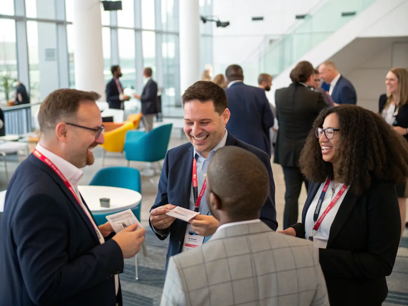 A candid shot of attendees networking during a coffee break, exchanging business cards and engaging in conversations, with the conference backdrop visible in the background.